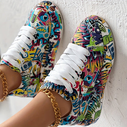 Women's Graffiti Print Platform Sneakers, Lace-Up Low Top Casual Skate Shoes