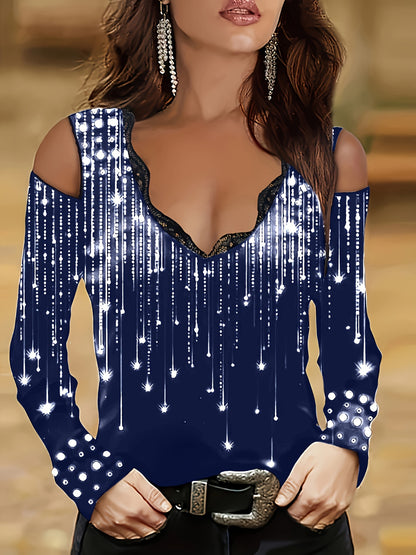 Camiseta com decote em V e acabamento em renda, blusa elegante com ombros descobertos para primavera e outono.