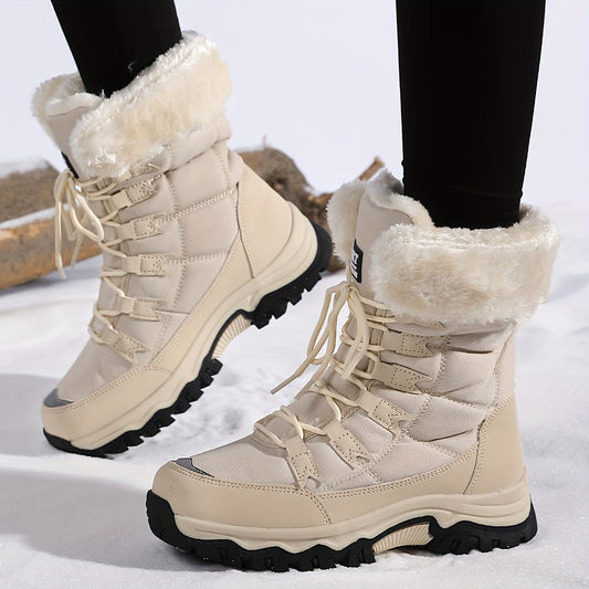 Botas de neve femininas impermeáveis ​​e isoladas com forro de pele sintética, sola de borracha grossa e cadarços ajustáveis ​​para atividades ao ar livre no inverno