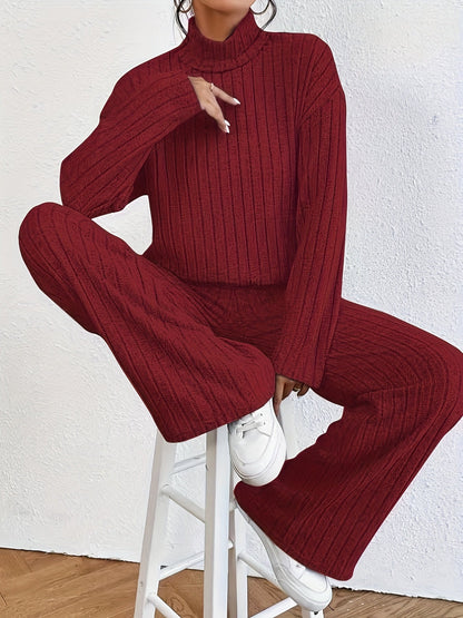 Solid Ribbed Two-piece Set, Mock Neck T-shirt & Wide Leg Pants