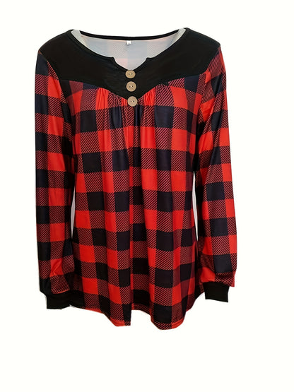Camiseta xadrez com decote em V para mulheres, estilo boho, mangas compridas.