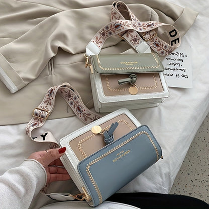 Bolsa de ombro com aba da moda, bolsa feminina com fivela decorativa e alça larga