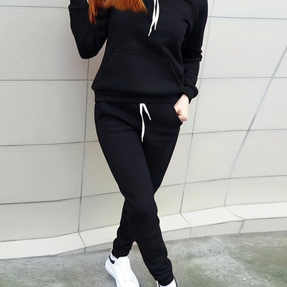 Solid Two-piece Set, Hoodie & Drawstring Pants