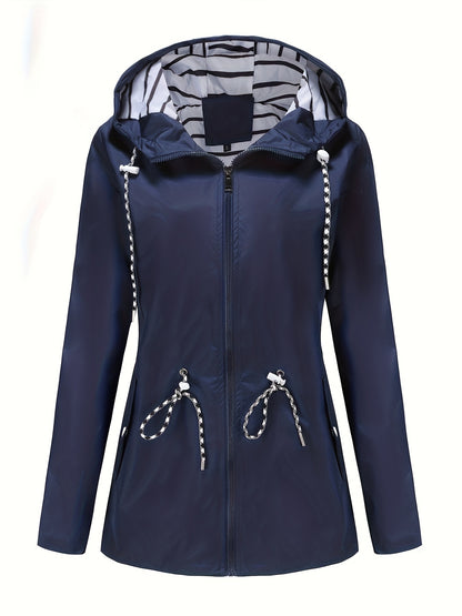 [Cozy Comfort] Women's Waterproof Long Sleeve Hooded Raincoat - Mid-Length Casual Sporty Style with Adjustable Drawstrings, Pockets, and Belt Detail - Olive Green Polyester Jacket for Outdoor Activities
