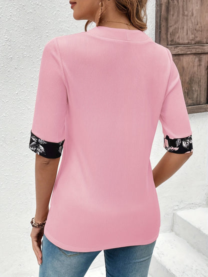 Floral Print Splice 2 In 1 T-shirt, Elegant Short Sleeve Square Neck Top, Women's Clothing
