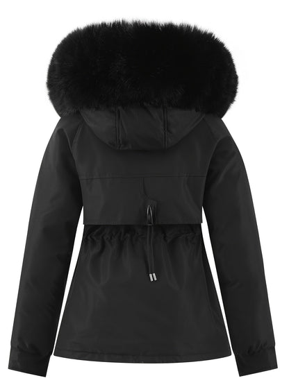 Zip-up Fuzzy Trim Hoodie Parka, Casual Drawstring Waist Winter Coat