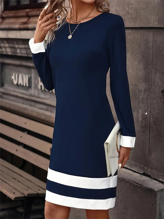Striped Crew Neck Slim Fit Dress – Elegant Long Sleeve Outfit for Spring & Fall