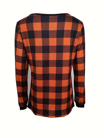 Camiseta xadrez com decote em V para mulheres, estilo boho, mangas compridas.