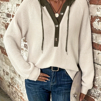Color Block Hoodie, Button Front, Long Sleeve, Casual Sweatshirt for Women.