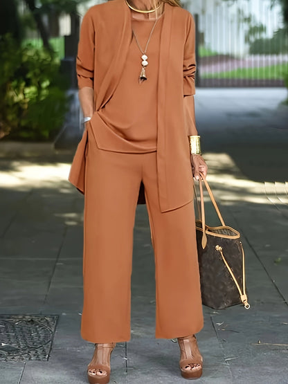 Lässiges dreiteiliges Set, Strickjacke, Top &amp; Hose