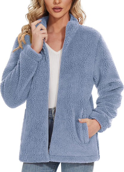Jaqueta Sherpa Feminina Full Zip Fuzzy Teddy Coat com Bolsos Fleece Forrado Quente Inverno Casual Outfits