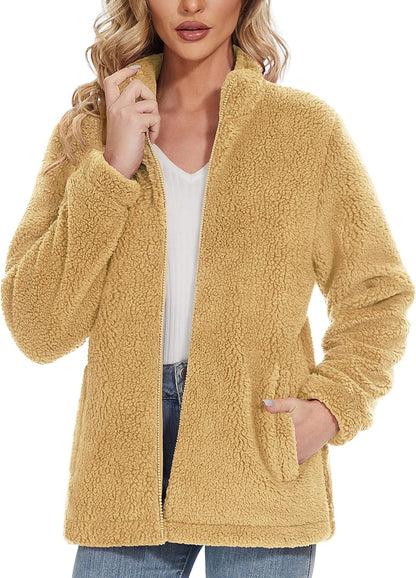 Jaqueta Sherpa Feminina Full Zip Fuzzy Teddy Coat com Bolsos Fleece Forrado Quente Inverno Casual Outfits