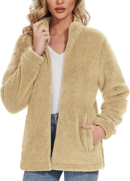 Jaqueta Sherpa Feminina Full Zip Fuzzy Teddy Coat com Bolsos Fleece Forrado Quente Inverno Casual Outfits