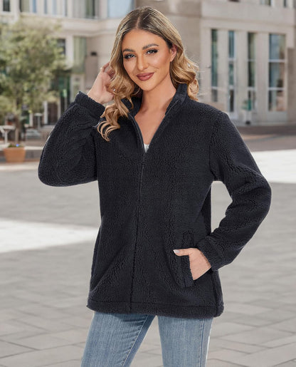 Jaqueta Sherpa Feminina Full Zip Fuzzy Teddy Coat com Bolsos Fleece Forrado Quente Inverno Casual Outfits