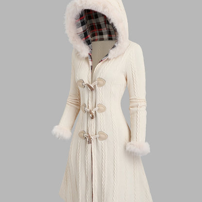 Y2K Plaid Hooded Knit Coat with Faux Fur Trim, Horn Buttons, Long & Warm