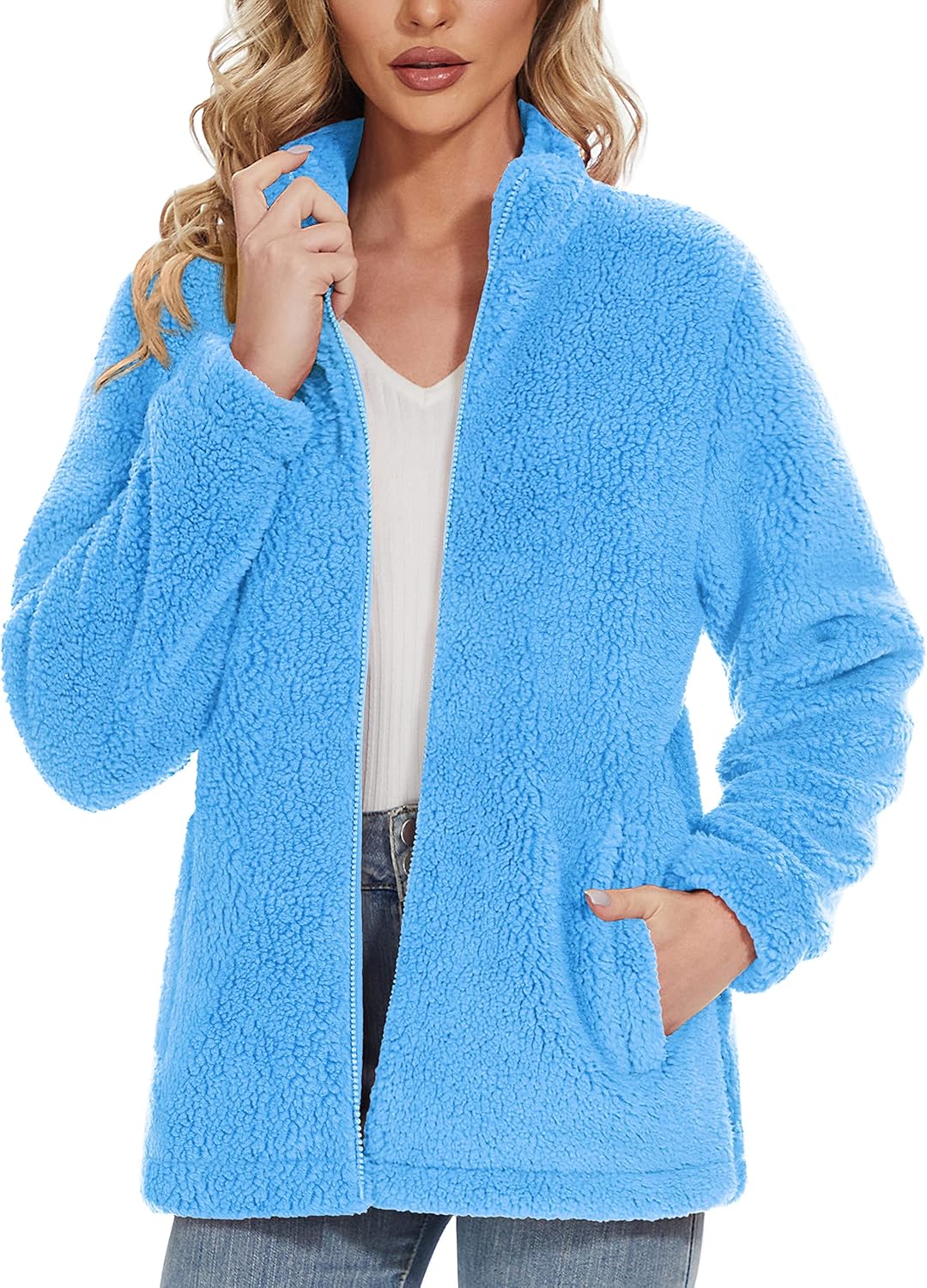 Jaqueta Sherpa Feminina Full Zip Fuzzy Teddy Coat com Bolsos Fleece Forrado Quente Inverno Casual Outfits