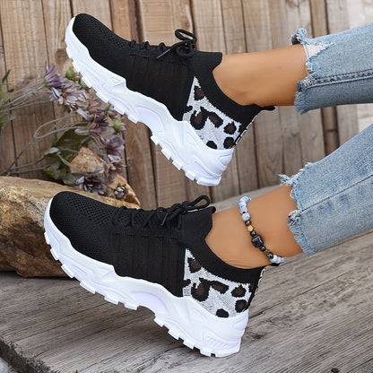 Women's Leopard Print Lace-up Running Shoes, Breathable Platform (Plus Size)