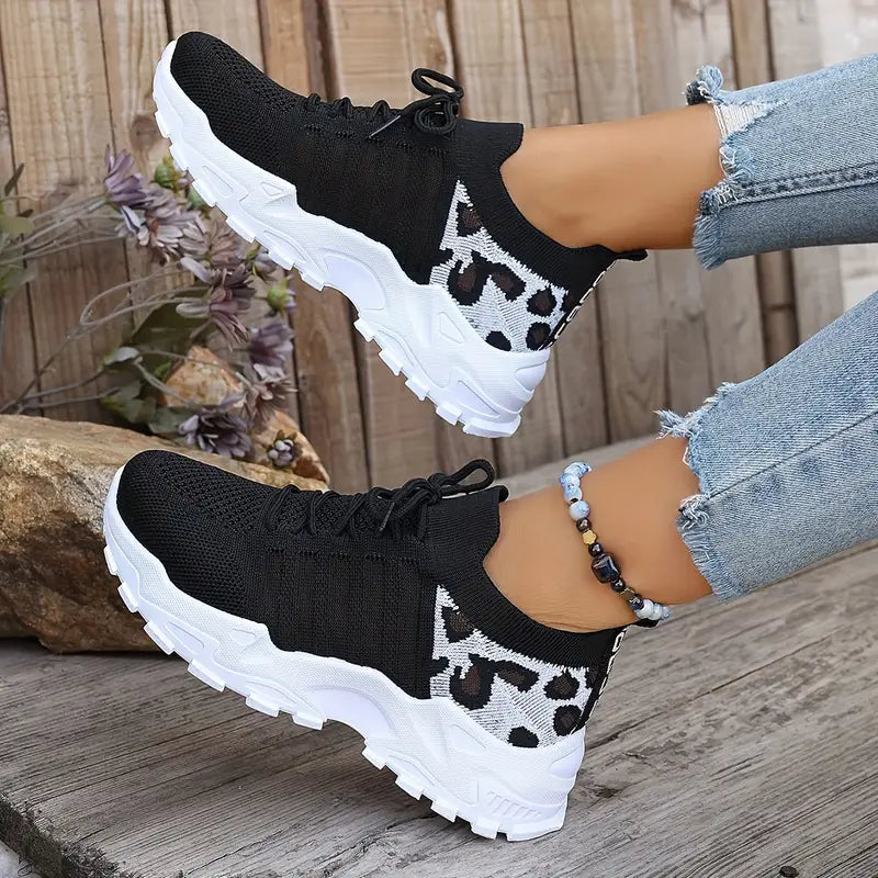 Tênis esportivos femininos com estampa de leopardo - Plataforma de corrida com cadarço respirável