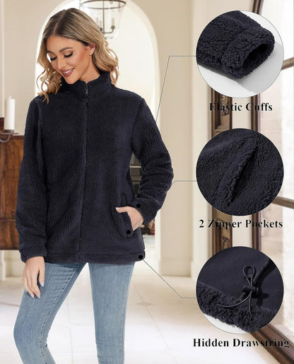 Jaqueta Sherpa Feminina Full Zip Fuzzy Teddy Coat com Bolsos Fleece Forrado Quente Inverno Casual Outfits