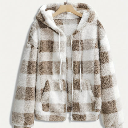Plaid Hooded Zipper Coat, Casual Fall/Winter Outerwear