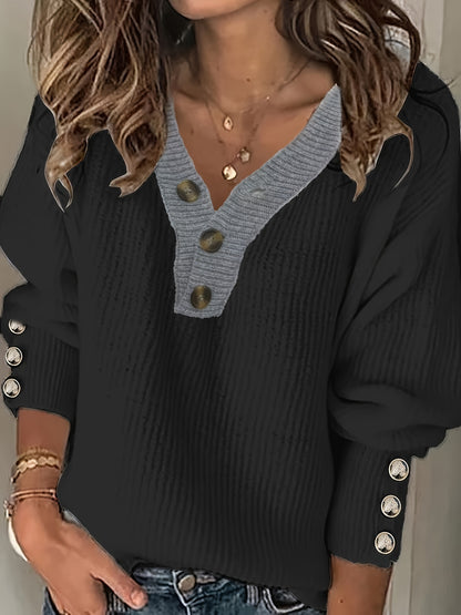 V-Neck Women's Sweater, Button Detail, Knit Polyester, Fall/Winter
