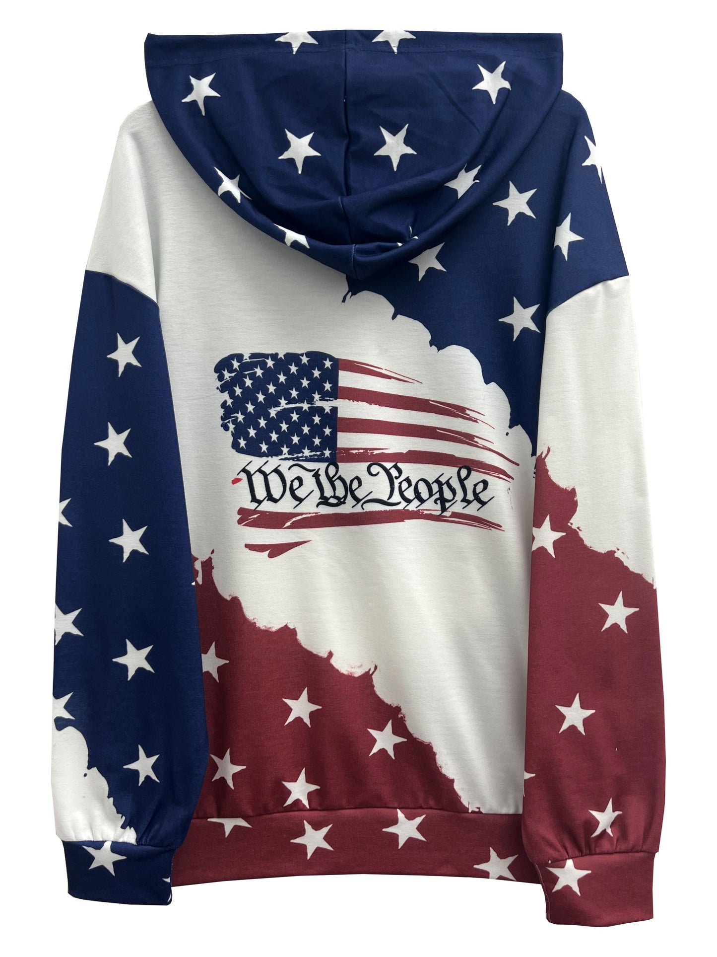 Moletom com capuz com estampa de bandeira americana e cordão, moletom casual de manga comprida com bolso canguru, roupas femininas