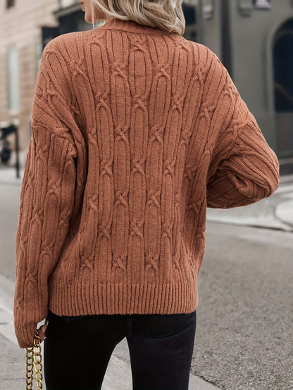 V-Neck Cable Knit Sweater, Casual Long Sleeve for Fall & Spring