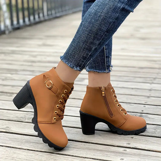 Damen-Stiefeletten mit dickem Absatz – einfarbig, seitlicher Reißverschluss, elegante Schuhe