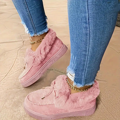 Pelzige Schneestiefel für Damen – Schleife, Plüschfutter, warme flache Stiefeletten