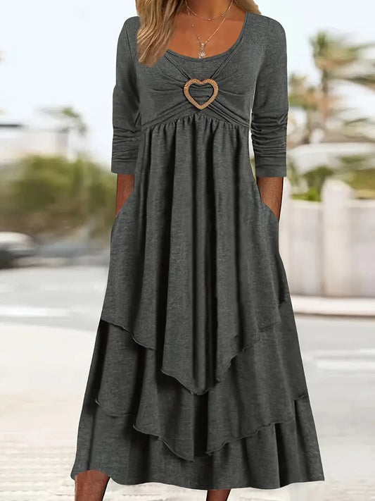 Heart Ring Decor Ruffle Layered Dress – Casual Crew Neck, Long Sleeve