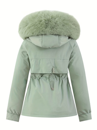 Zip-up Fuzzy Trim Hoodie Parka, Casual Drawstring Waist Winter Coat