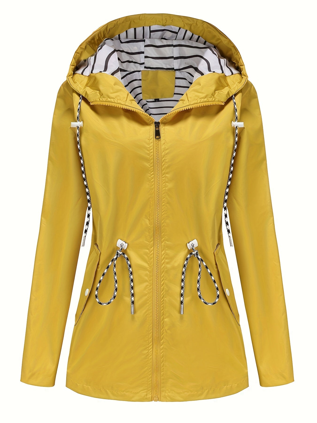 [Cozy Comfort] Women's Waterproof Long Sleeve Hooded Raincoat - Mid-Length Casual Sporty Style with Adjustable Drawstrings, Pockets, and Belt Detail - Olive Green Polyester Jacket for Outdoor Activities