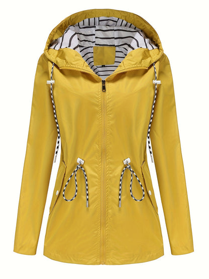 [Cozy Comfort] Women's Waterproof Long Sleeve Hooded Raincoat - Mid-Length Casual Sporty Style with Adjustable Drawstrings, Pockets, and Belt Detail - Olive Green Polyester Jacket for Outdoor Activities