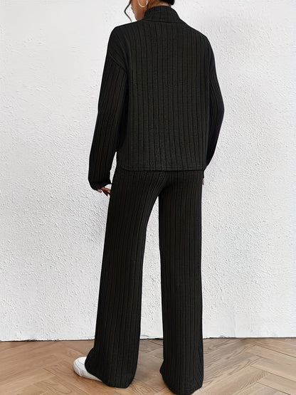 Solid Ribbed Two-piece Set, Mock Neck T-shirt & Wide Leg Pants
