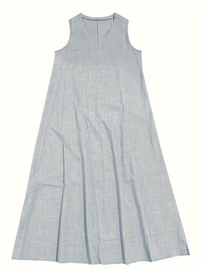 Vestido longo com decote em V, sem mangas, cor sólida, ideal para primavera e verão.