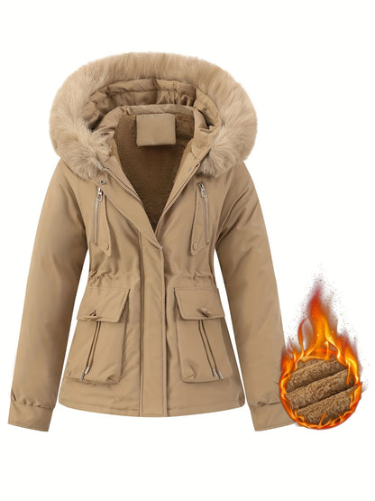 Zip-up Fuzzy Trim Hoodie Parka, Casual Drawstring Waist Winter Coat