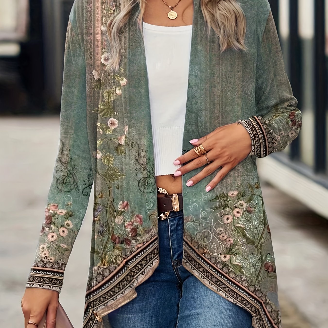 [Chic Floral Print Cardigan] Lightweight Polyester Blend Chic Floral Print Cardigan - Casual Long Sleeve Open Front Jacket, Machine Washable, Perfect for Spring & Fall