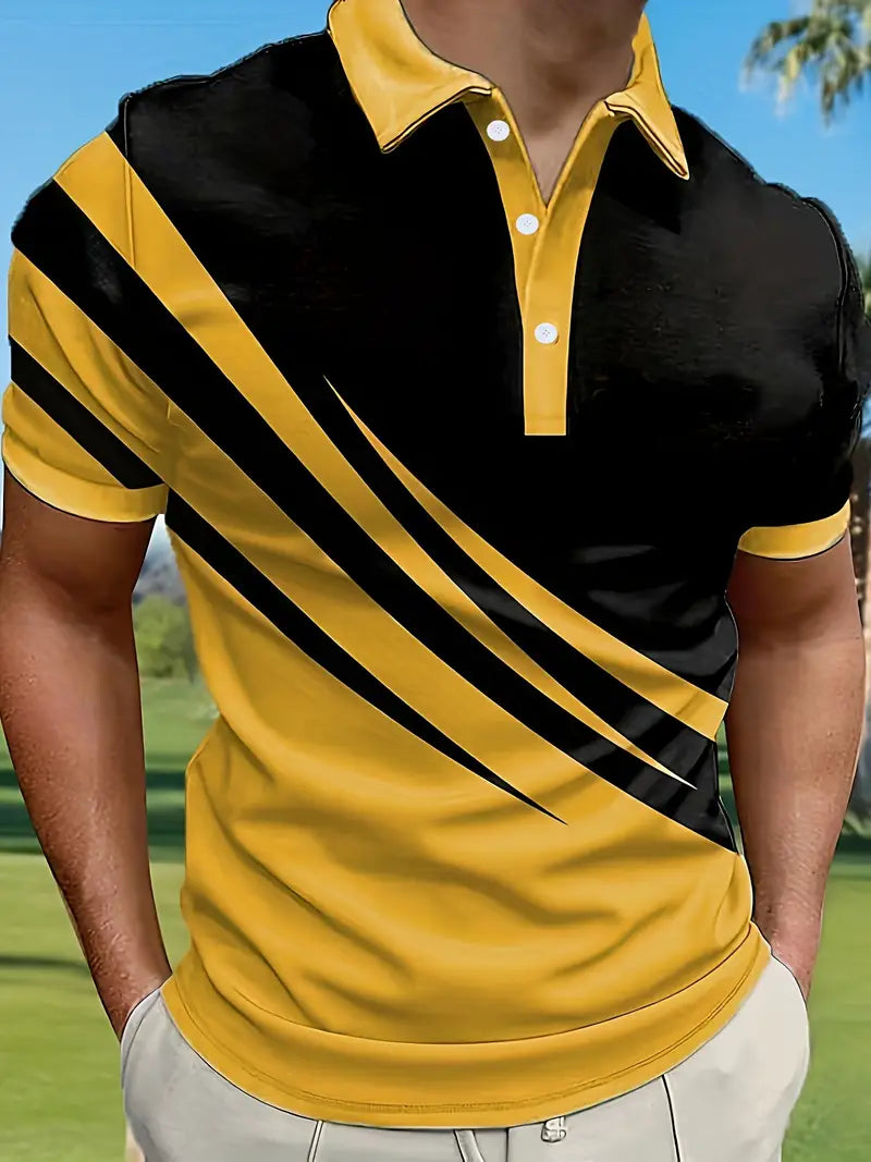 Casual Men's Color Block Short Sleeve Lapel Shirt – Summer Outdoor, Golf & Tennis
