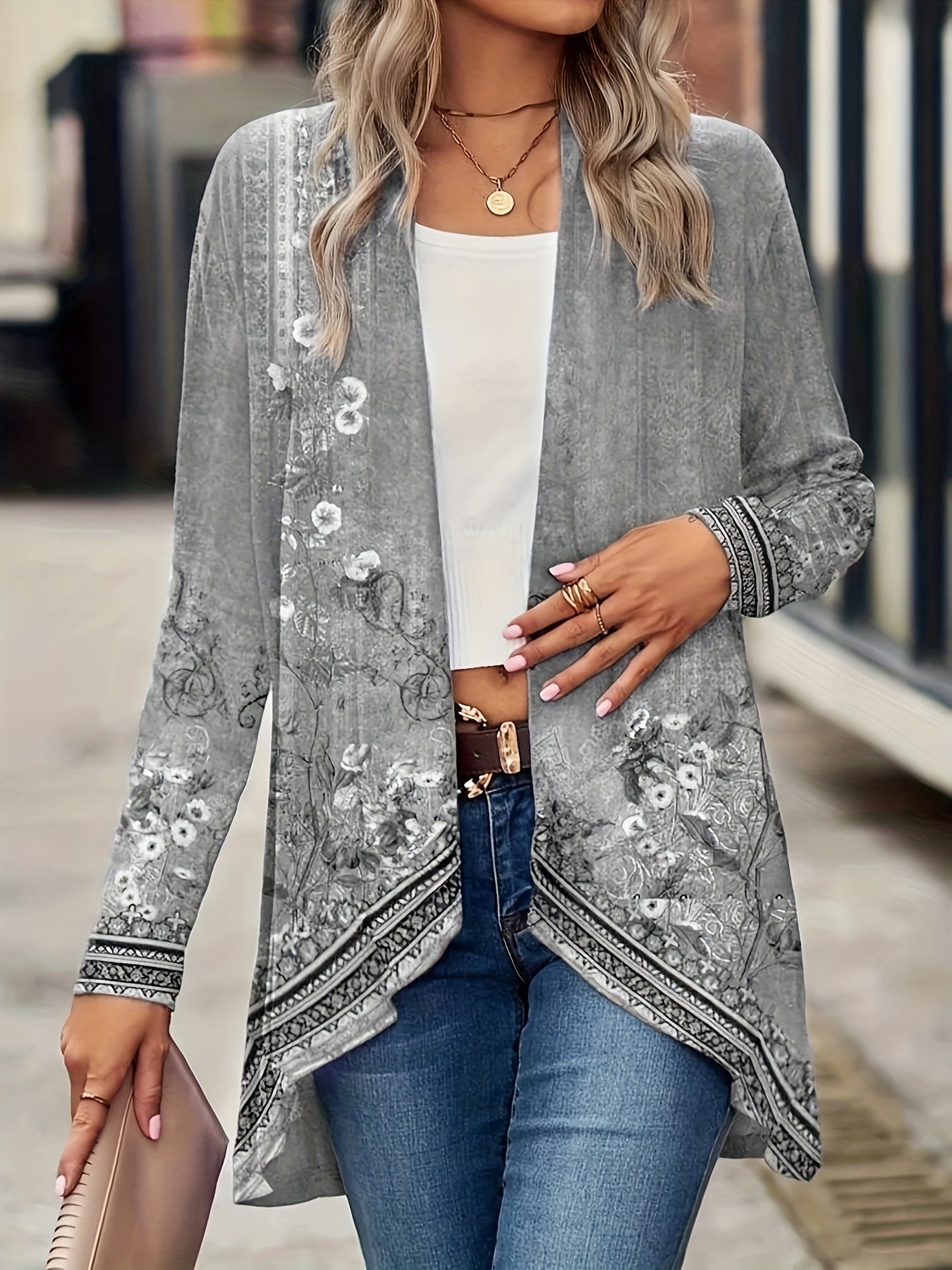 [Chic Floral Print Cardigan] Lightweight Polyester Blend Chic Floral Print Cardigan - Casual Long Sleeve Open Front Jacket, Machine Washable, Perfect for Spring & Fall