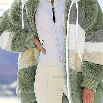 Color Block Fuzzy Hooded Coat, Casual Winter Outerwear.