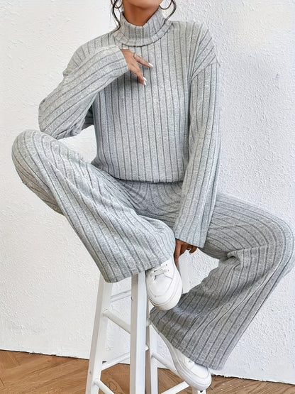 Solid Ribbed Two-piece Set, Mock Neck T-shirt & Wide Leg Pants