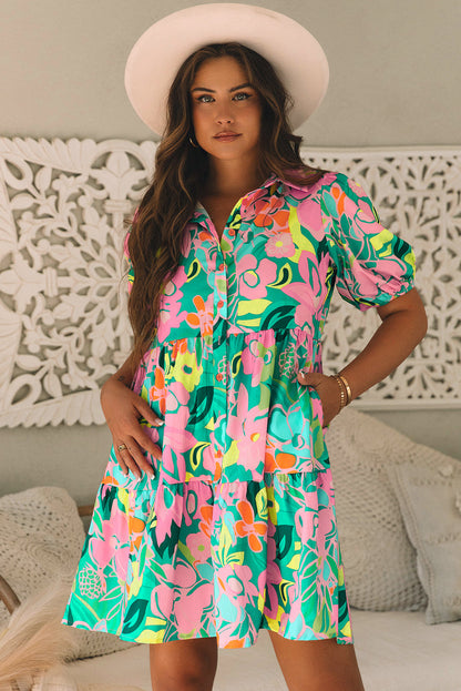 Vestido Babydoll Floral Manga Bufante