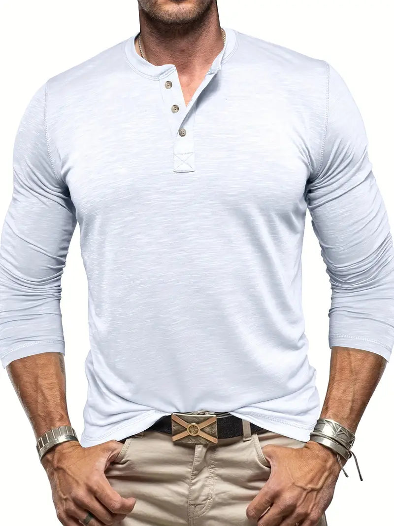 Camiseta masculina de manga comprida com gola Henry e três fivelas