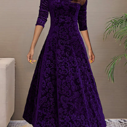 Vestido longo liso, decote em V, manga comprida, estilo elegante para primavera/outono.