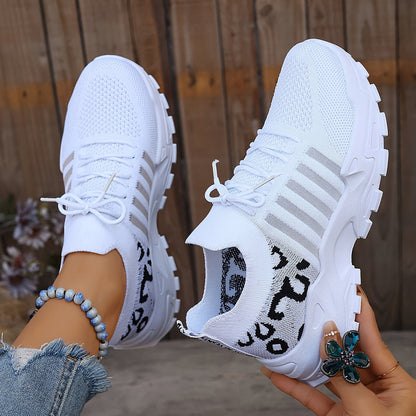 Women's Leopard Print Lace-up Running Shoes, Breathable Platform (Plus Size)