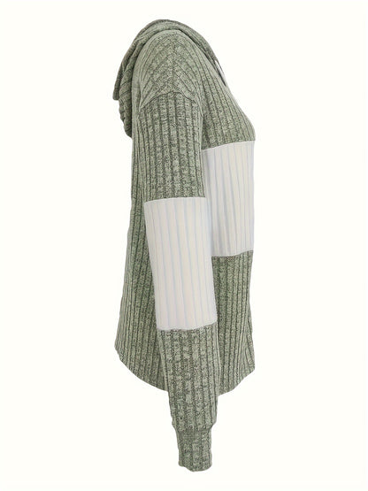 Color Block Zip-Up Hoodie, Casual Rib Knit Sweatshirt.