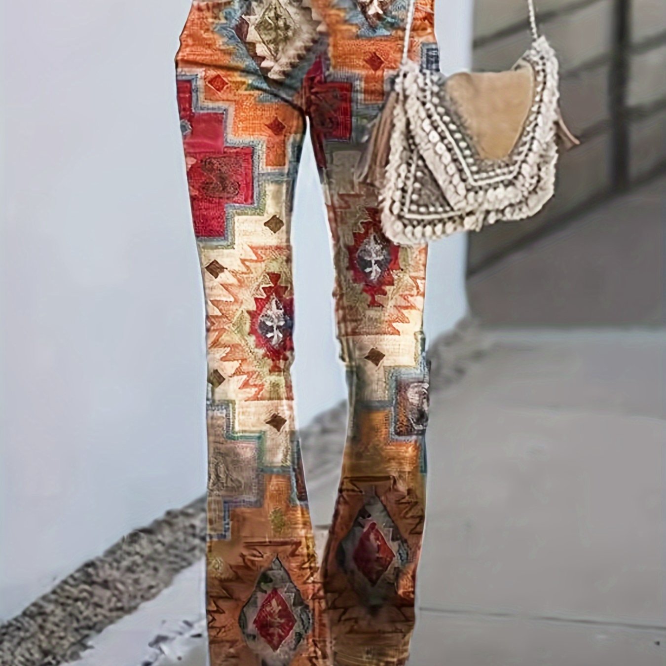 Calças modeladoras geométricas xadrez] Calças modeladoras digitais geométricas xadrez patchwork estampadas - Estilo europeu e americano - Micro calças boca de sino para mulheres