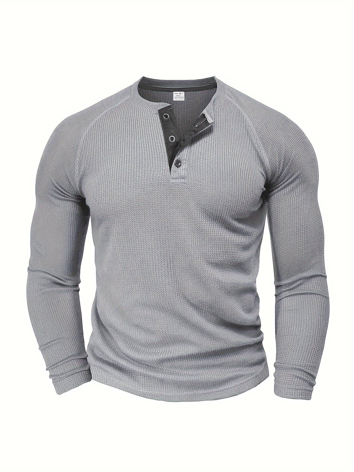 Camisa Henley Masculina Sólida, Manga Longa, Gola Redonda, Meio Botão