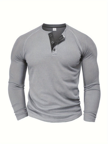 Camisa Henley Masculina Sólida, Manga Longa, Gola Redonda, Meio Botão