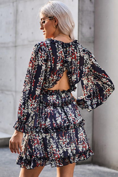 White Ruffle Detailing V-neck Open Back Floral Dress